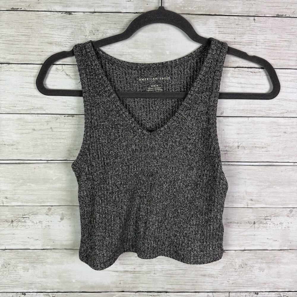 American Eagle Ribbed Knit V Neck Crop Top Gray Size Medium